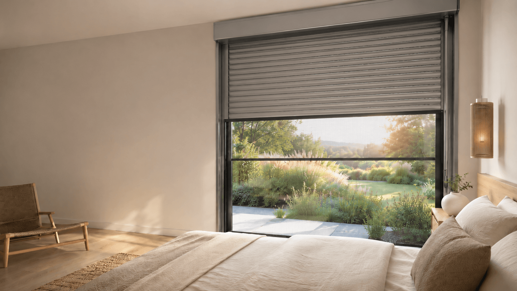 Dormitorio con persiana y mosquitera